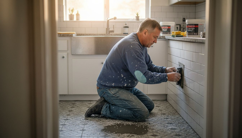 Homeowner applying epoxy grout to kitchen tiles