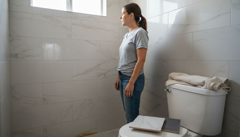 Homeowner inspecting shower feature wall tiles