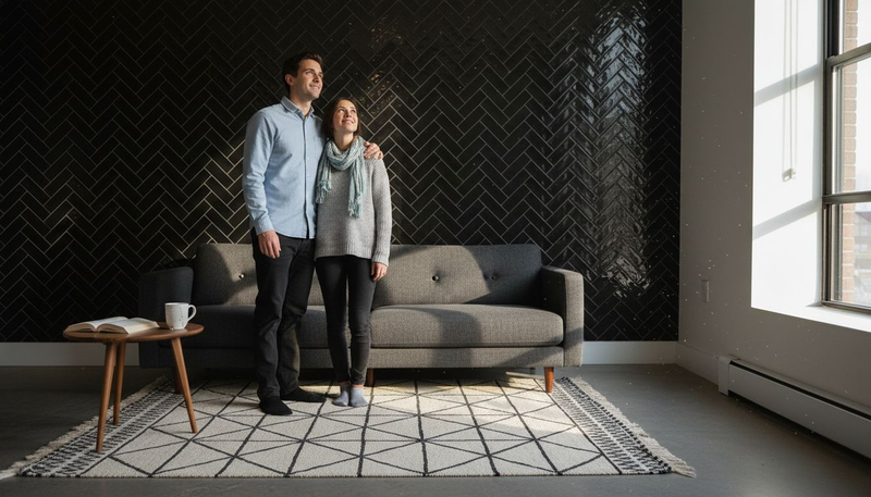 Couple admiring black herringbone tile wall