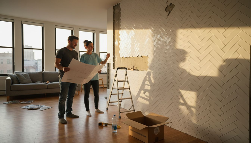 Homeowners reviewing finished wall tile pattern