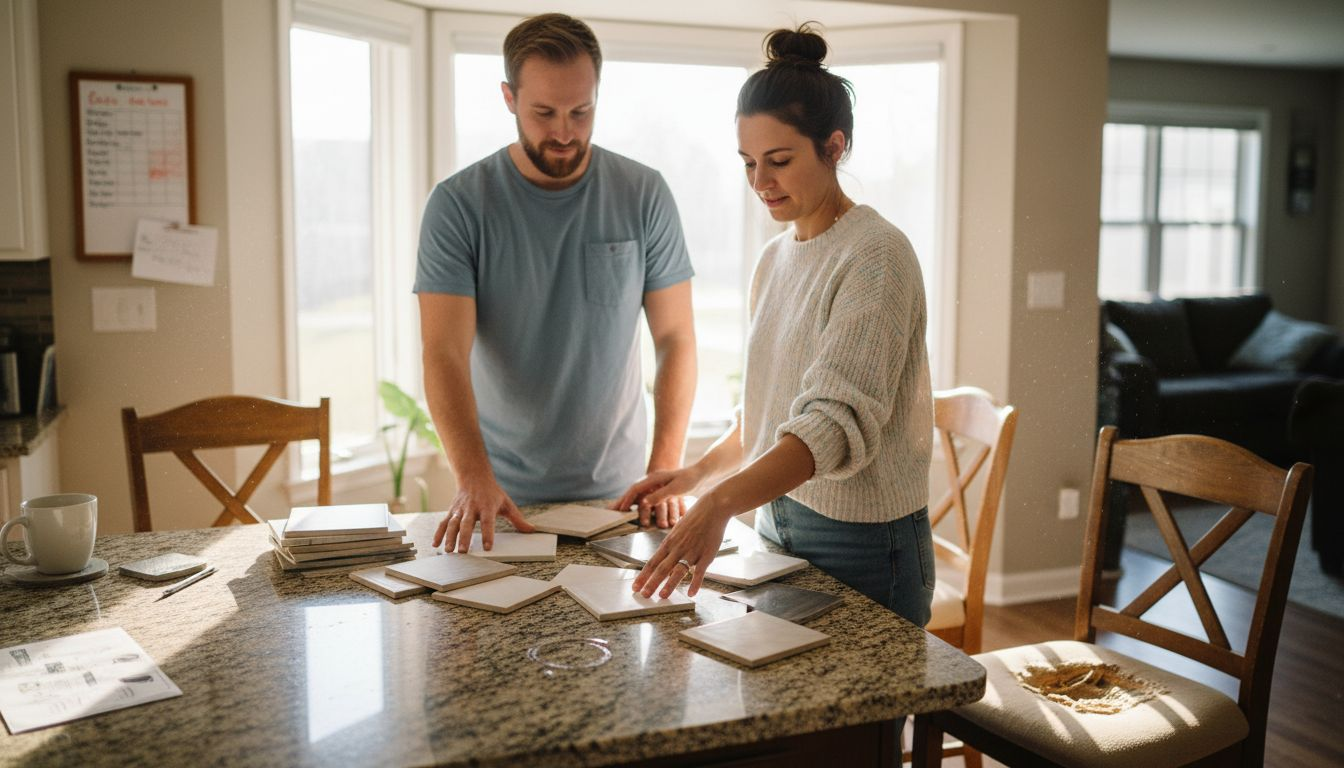 Couple choosing kitchen tiles with samples