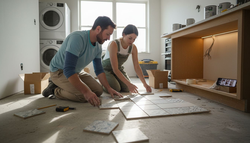 Couple arranging tile samples during renovation