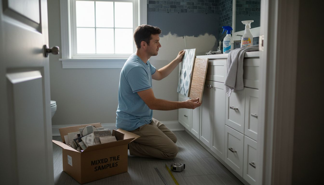 Homeowner comparing bathroom wall tiles samples