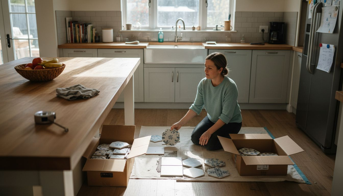 Homeowner reviewing kitchen tile samples