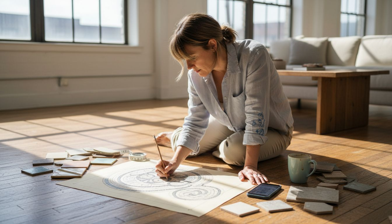 Designer planning mosaic tile pattern on floor