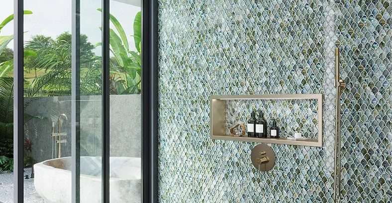 Fish Scale tiles are a perfect choice for shower walls ideas at Tile Choices