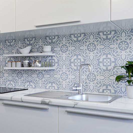 0GZ20DK Teal Doily Amalfi Coast Encaustic Look Tile kitchen backsplash install white cabinets