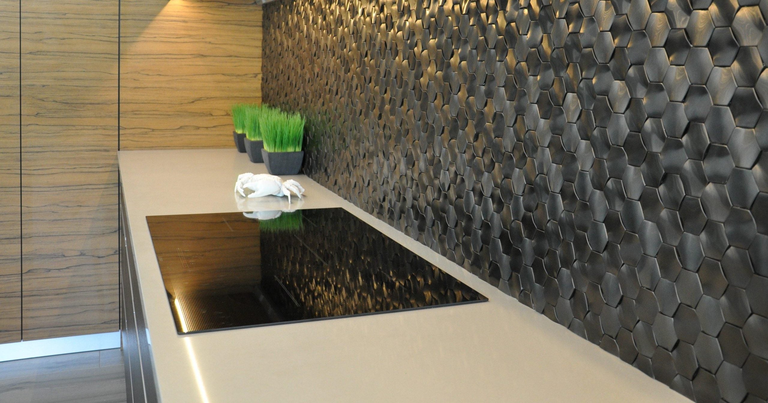 526-042 brushed gun metal rolling hexagon kitchen backsplash install photo