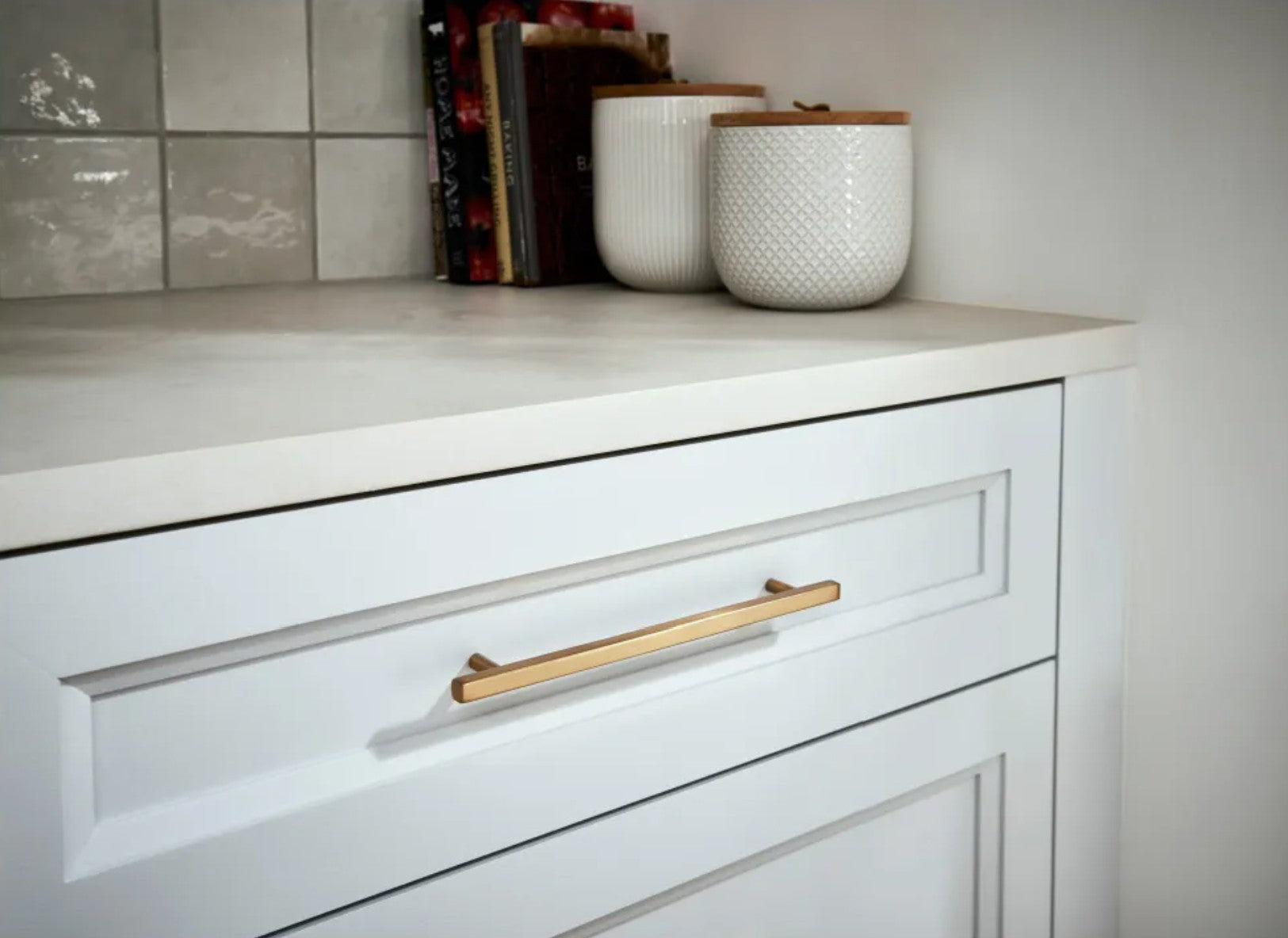 96 mm Center-to-Center Brushed Gold Square Dominique Cabinet Bar Pull Installed View Tile Choices
