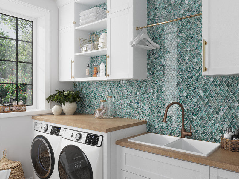 Glamour Series Scale Emerald Mosaic ASL-03 laundry room wall install green fish scale design