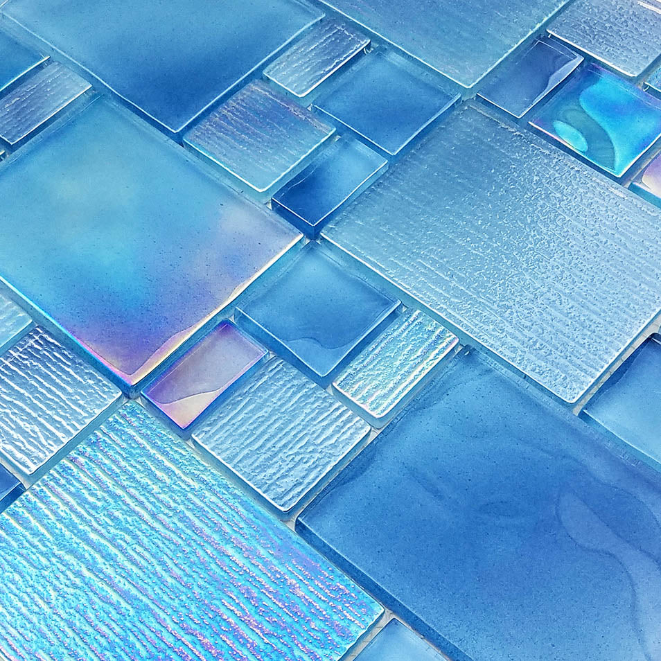 AV8MXB22 Avalon Blue Iridescent glass mosaic tile Close up