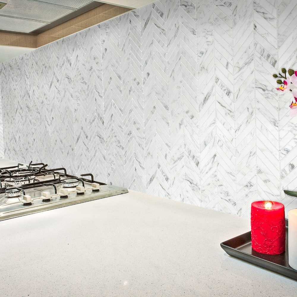 Arabescato Honed 1 x 4 Chevron kitchen backsplash angle photo