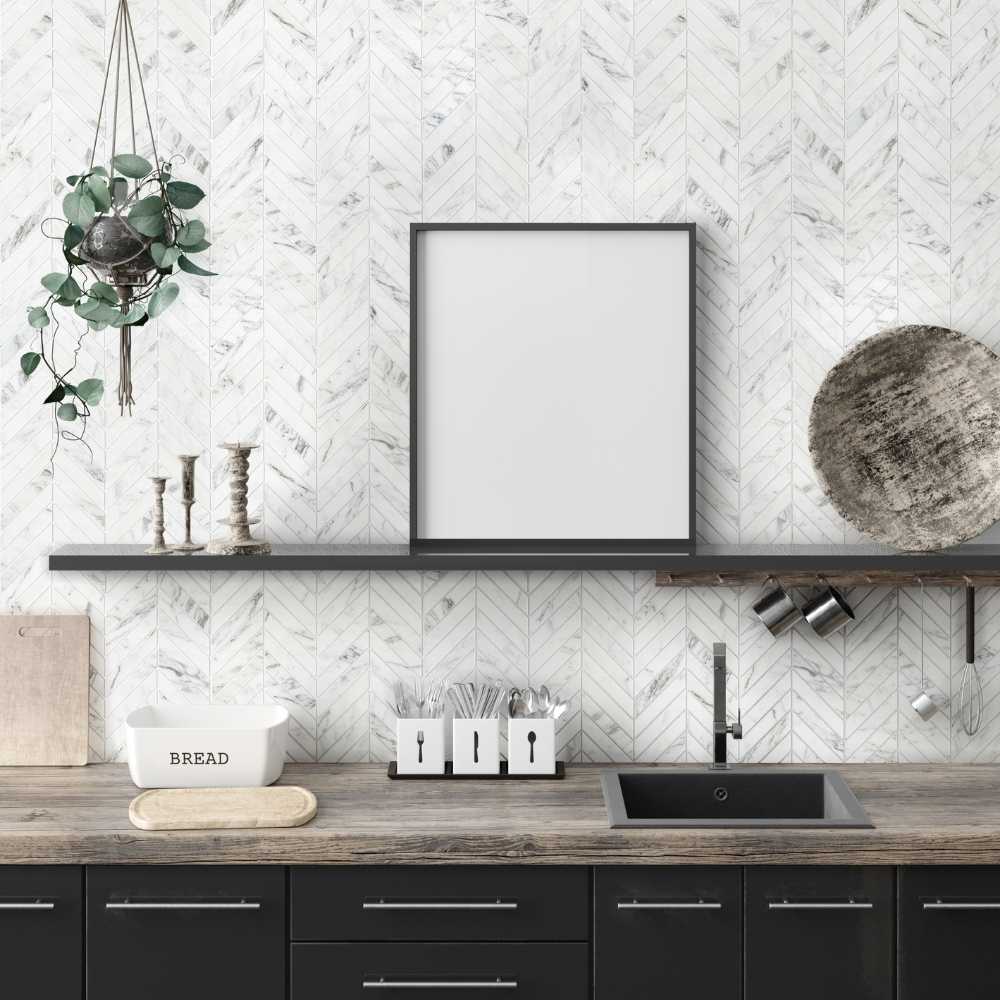 Arabescato Honed 1 x 4 Chevron Kitchen Backsplash Photo