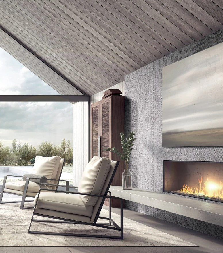 Carolina Dots Herrera Grafite Grey Penny Round Recycled Matte Glass Tile Fireplace install