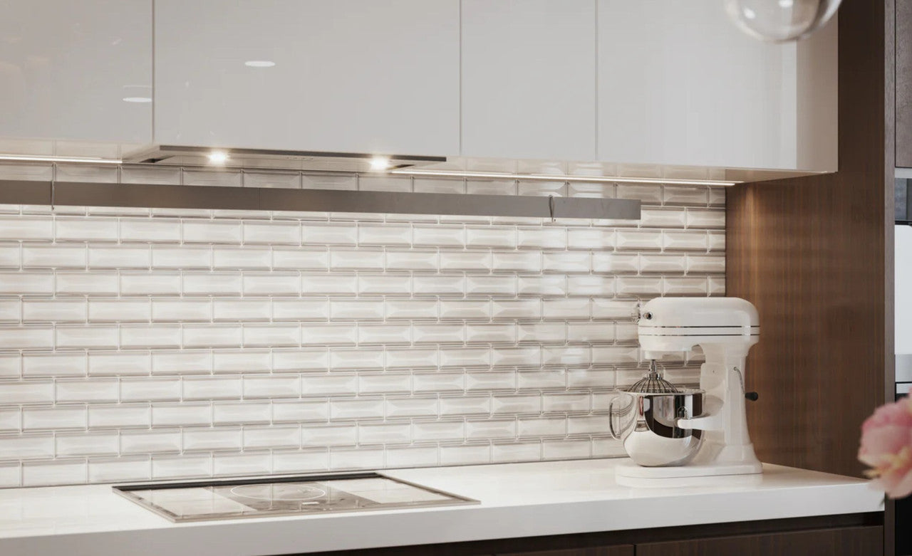 Frey Facade 2 x 5 Glass Subway Tile FYF-5491 Salton House kitchen backsplash install photo