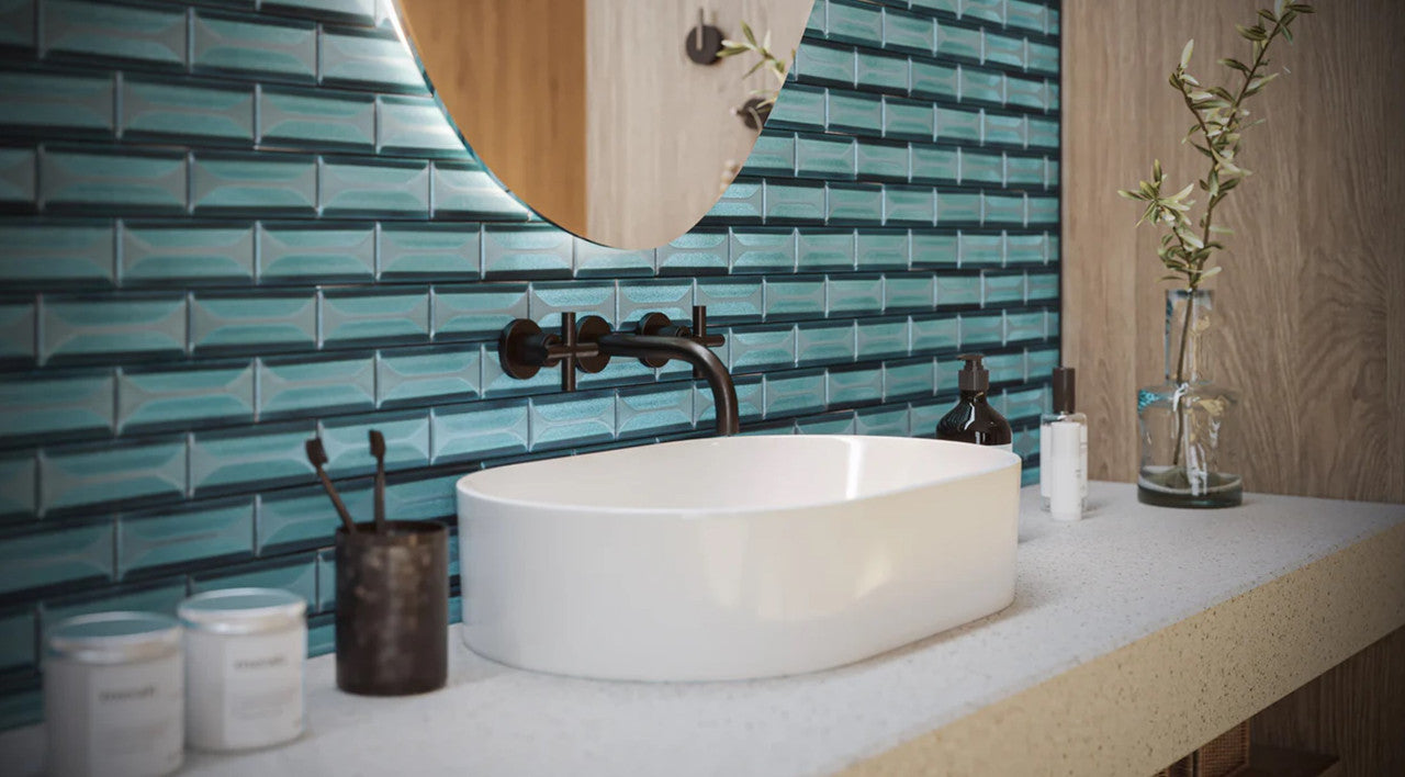 Frey Facade 2 x 5 Glass Subway Tile FYF-5493 Hermosa Magic Vanity backsplash install photo