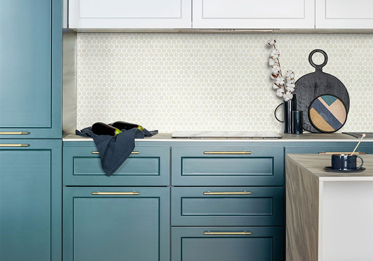 Grenada Views 1 inch hexagon recycled glass mosaic GV5402 Spania Taupe kitchen backsplash