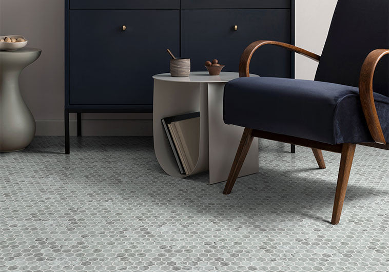 Grenada Views 1 inch hexagon recycled glass mosaic GV5404 Kastile Platina Floor Tiles