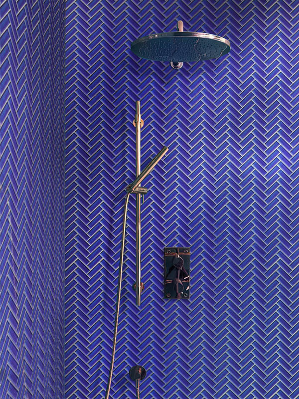Mir Mosaic Cobalt Blue Glossy 1 x 3 herringbone mosaic HB-012 master shower wall tile