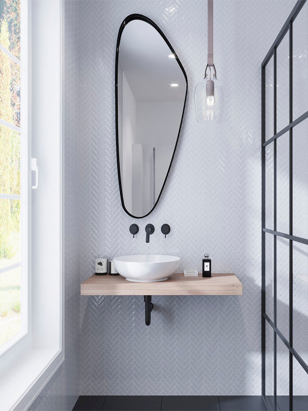 Mir Mosaic White Herringbone 1 x 3 Glossy White HB-066 Powder Room Install