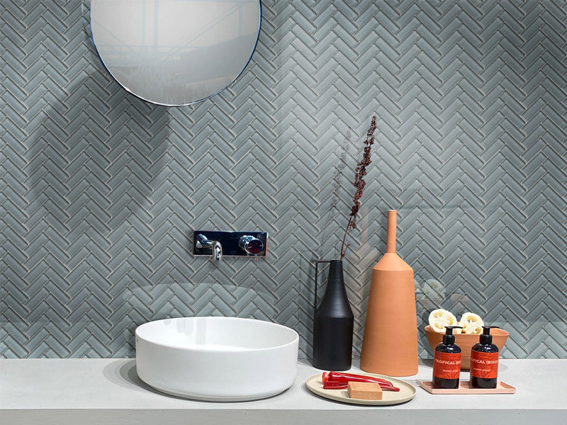 Mir Mosaic Pale Glossy 1 x 3 herringbone mosaic HB-095 bathroom sink wall