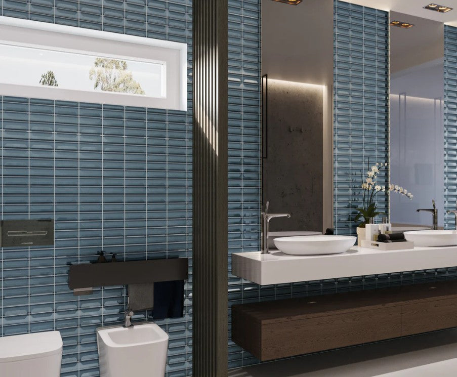 Jeston Moda 2 x 6 glass stacked subway tile JTM-5474 bathroom wall install photo