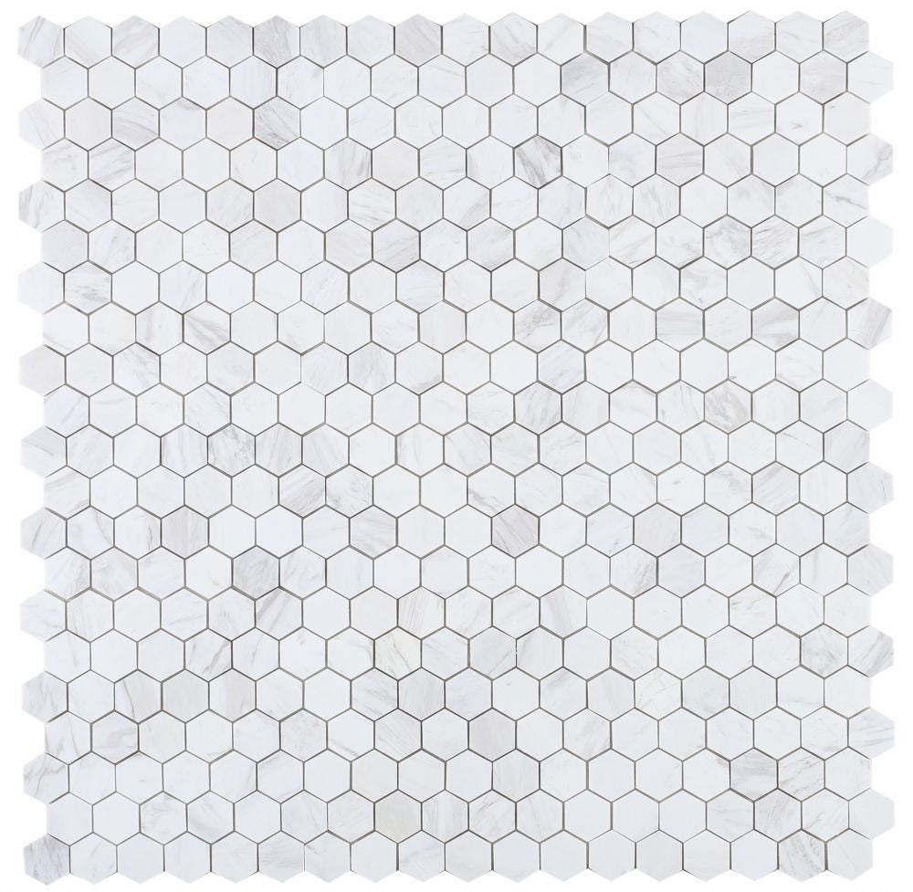 NB414 White Volakas 2 x 2 hexagon Marble Mosaic at BELK Tile 9 sheets together