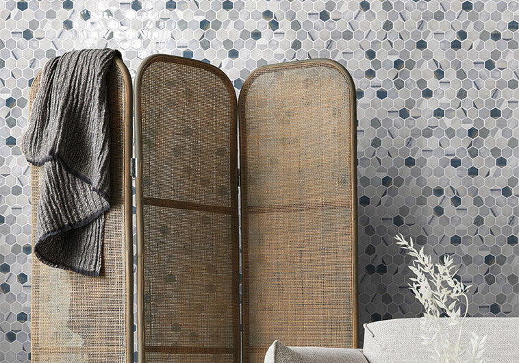 New Belfont Recycled Glass tile mosaic NBT-5434 Greigo Elegance room scene