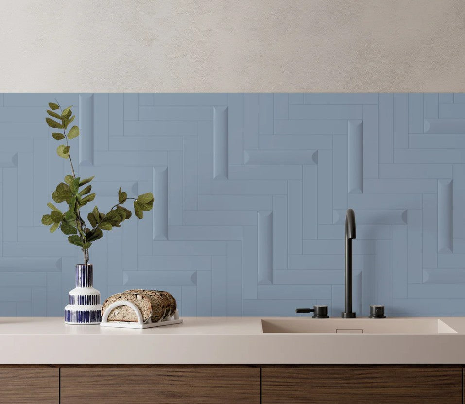Noelle Collection NOL-6354 Jayden Blue 2 x 10 flat wall tile kitchen backsplash install photo