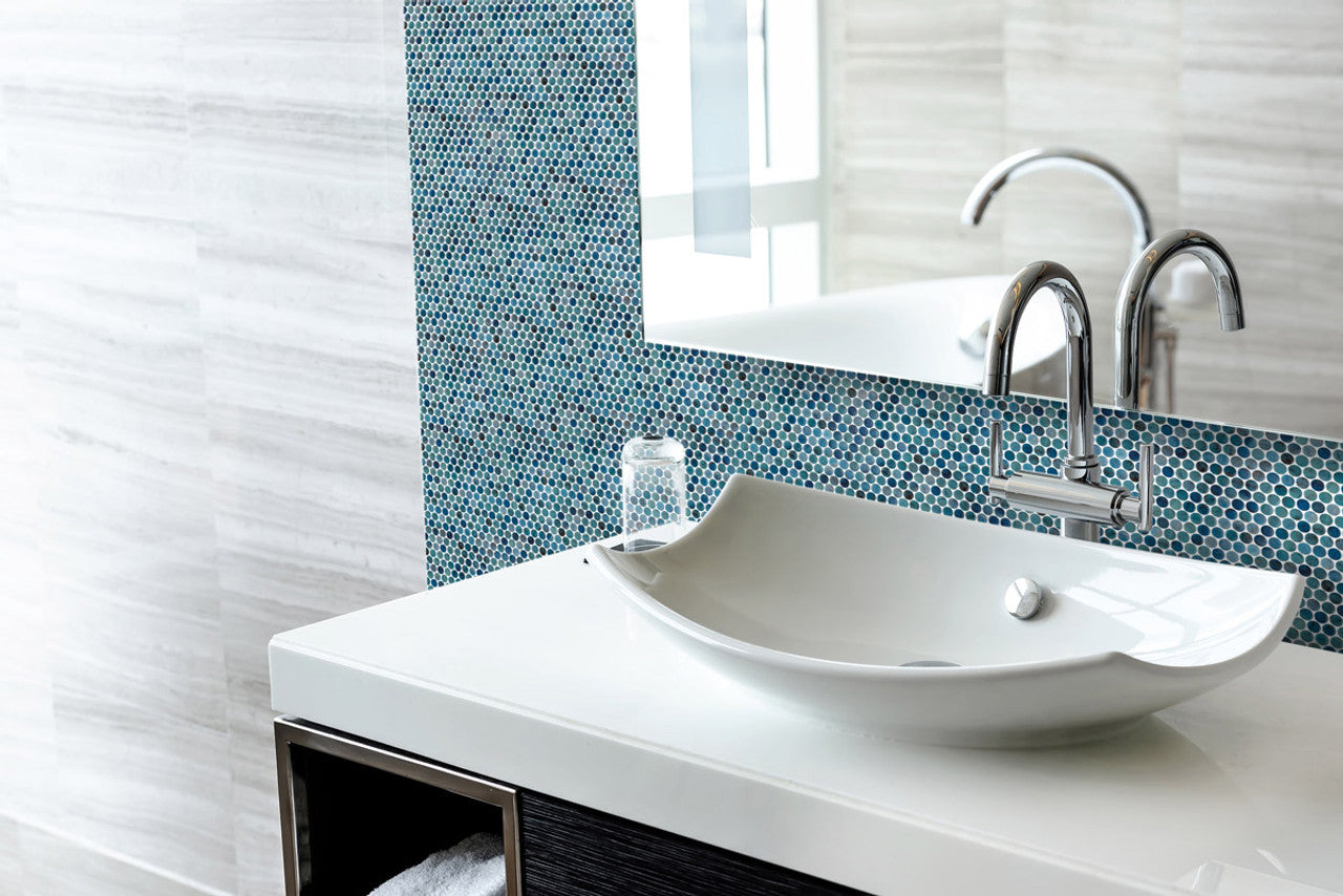 Onix Mosaico Forest Blue Penny Round Vanity Backsplash Install