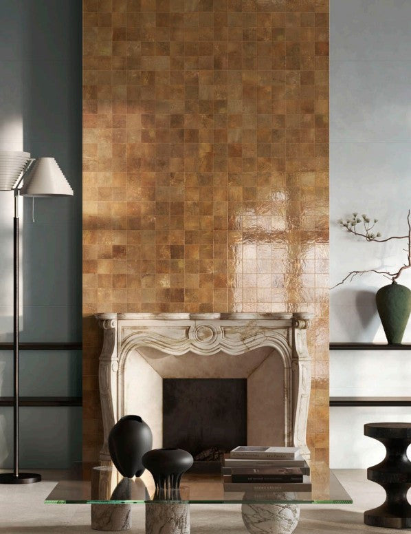 Pixel Series Sienna Lue 4 x 4 zellige Look fireplace install