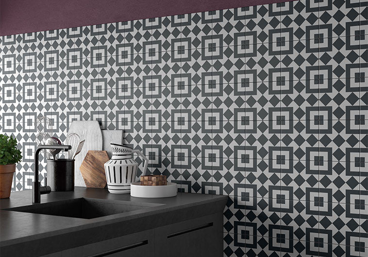 Retro Nueve 9213 Checkers Block kitchen backsplash pattern tiles black and white 