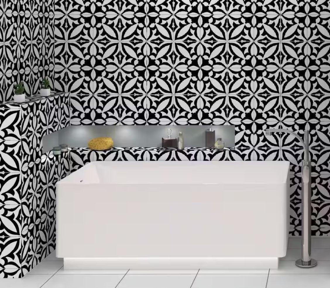 Retro Nueve 9214 Fleur Noir Pattern Tile black and white floral pattern bathroom wall install