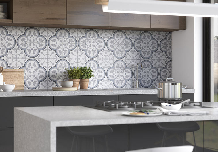 Retro Nueve 9215 Paris Spring Kitchen Backsplash blue, gray and white floral pattern