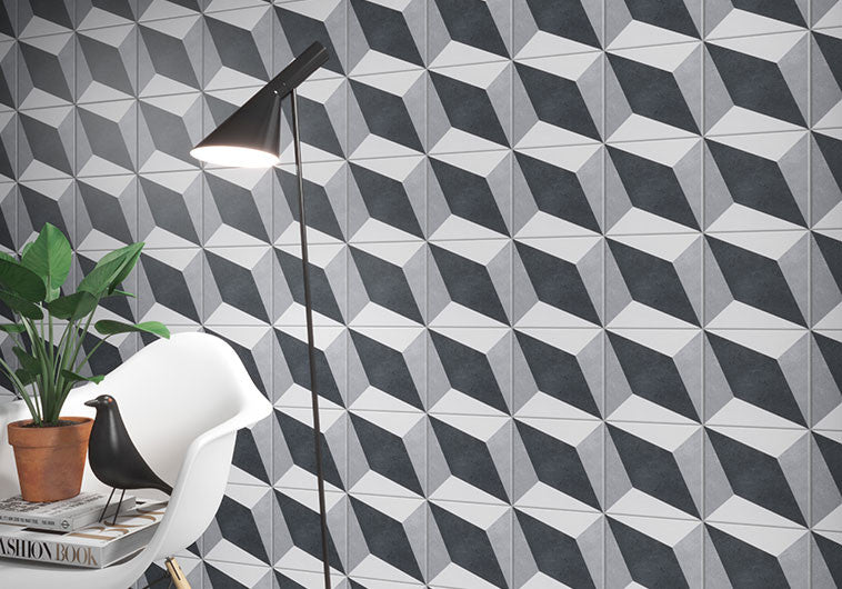 Retro Nueve 9218 Zero Gravity Accent Wall gray tones diamond and triangle patterns