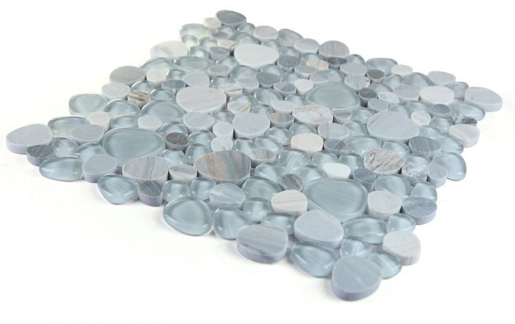 UT-3925 Blue Glass and Stone Pebble Mosaic Tile Angle View