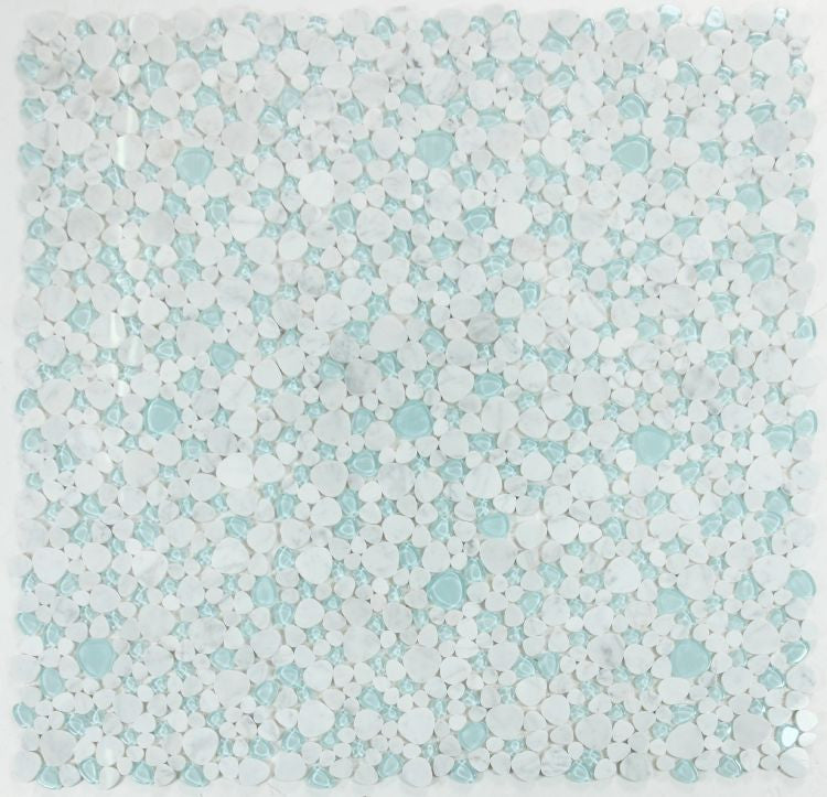 UT-4616 Carrara Blue Glass and Stone Pebble Mosaic Tile 9 sheets together