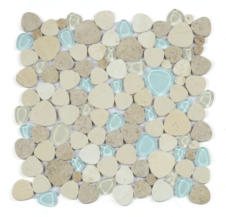 UT-4632 Blue Roma Glass and Stone Pebble Mosaic Tile