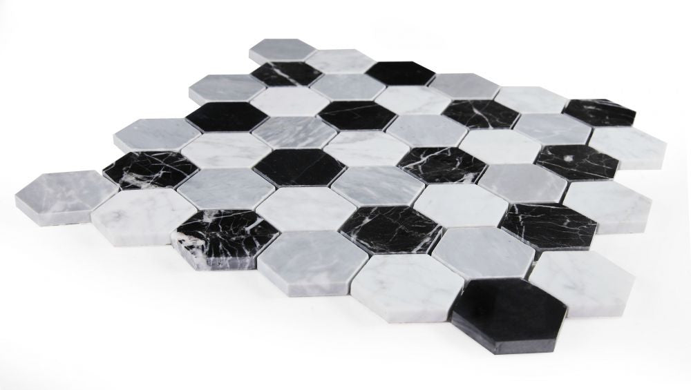 UT-629 Moonlight 2 x 2 Polished Hexagon Marble Mosaic Angle View