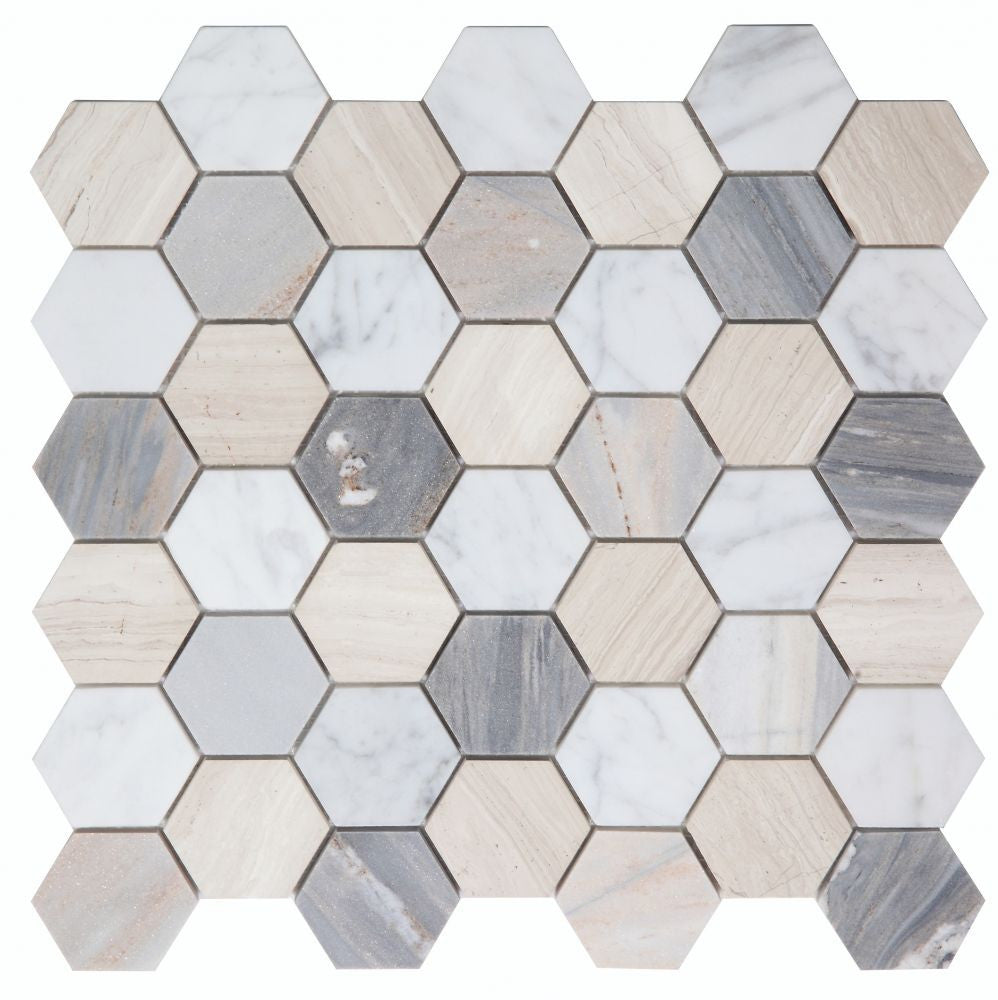 UT-935 Blue 2 x 2 Hexagon Polished Marble Mosaic, Carrara, Haisa and Palissandro Blue Marble