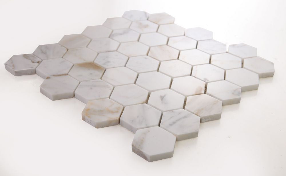 UTO-1047 Calacatta Gold Polished 2 x 2 Hexagon Marble Mosaic Angle View