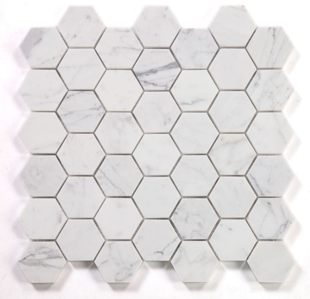 UT-3918 Calacatta White Polished 2 x 2 Hexagon Marble Mosaic 