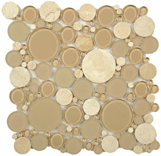 Bubble Series Random Circles Sable Brown mix of marble mosaic pieces and frosted and glossy glass tile mosaics