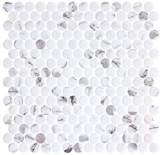 Carolina Dots Penny Round Mosaic Fashion Spec CAR-2012 statuario look marble in recycled glass