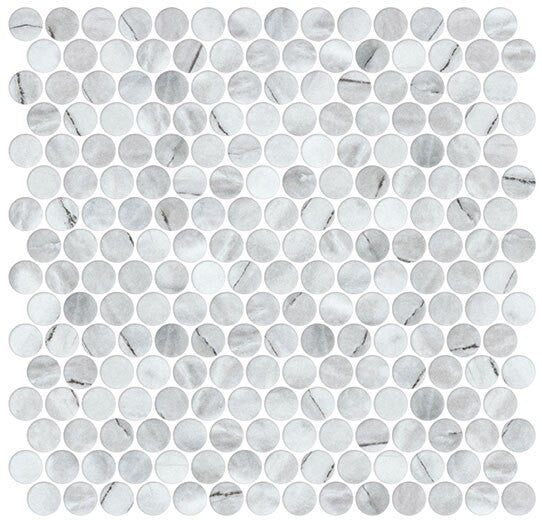 Carolina Dots Penny Round Mosaic Venezuela Dawn CAR-2014 gray marble look recycled glass tile