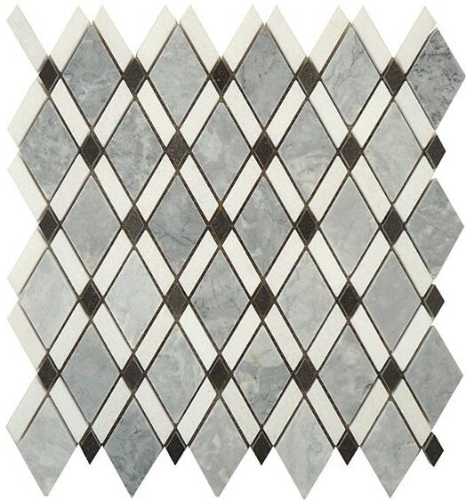 Bella Glass Tiles Diamond Series Mugworth  Thassos White  Basalt DS-57 waterjet diamond shape marble mosaic