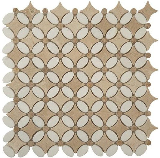 Flower Series FS-73 marble mosaic tile, crema marfil and thassos white flower mosaic waterjet