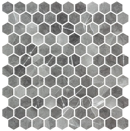 Karma Ridge Hexagon Mosaic Ashley Rock KR-1401 gray marble look recycled glass