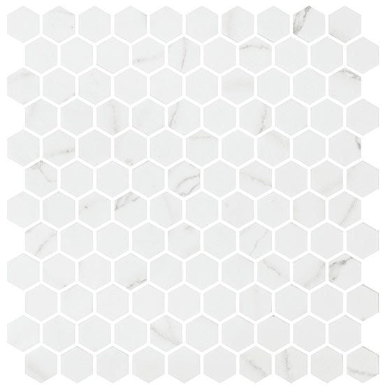 Karma Ridge Hexagon Mosaic Endless Calm KR-1406, white marble look recycled glass tile 