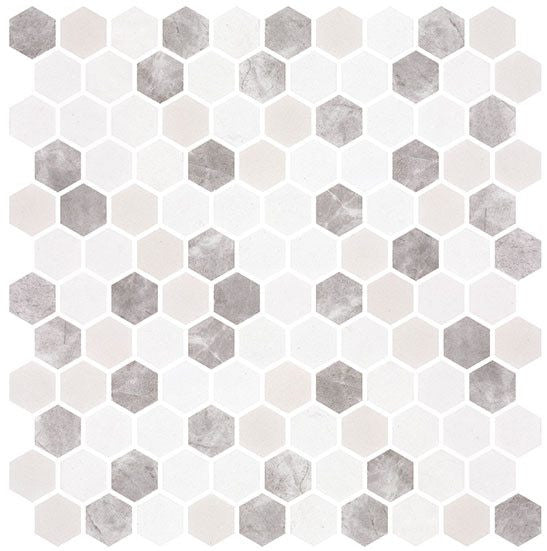 Karma Ridge Hexagon Mosaic Levan Trail KR-1402 with with a mix of gray and cream colors recycled glass